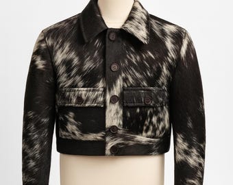 Chaqueta de piel de vacuno con pelo, hecha a mano, estilo western, con estampado de vaca. Cuero auténtico.
