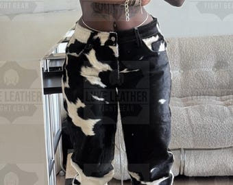 Women Real Cowhide Leather Pants Hair On Hide Western Cowgirl Trousers Handmade