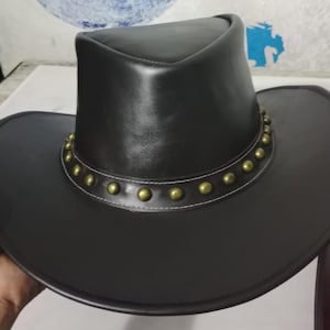 Handmade Genuine Leather Steampunk Cowboy Top Hat for Men Women Black Gothic Festival Hat Cosplay Halloween Costume Vintage Gift for Him Her