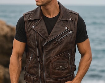 Echtleder Biker Weste Gothic Punk Western Rindsleder Ärmellose Jacke