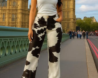 Handmade Cowhide Leather Pants Women's Boho Cow Print Fashion