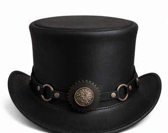 Schwarzer Echt Leder Steampunk Zylinder Gothic Viktorianischer Cosplay Festival Hut