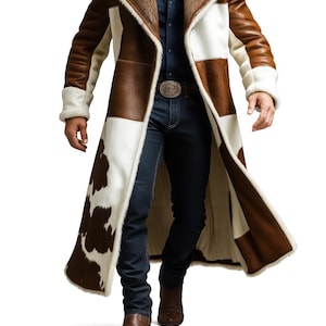 May include: A long, patchwork coat with brown, white, and cowhide-patterned panels. The coat features a shearling collar and cuffs, and is worn with a belt buckle, dark blue jeans, and brown boots. The coat is a statement piece.