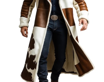 Hair-On Cowhide Leather Long Coat Western Cowboy Trench Unique Winter Jacket