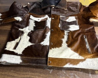 Hair On Cowhide Leather Jacket Handmade Unique Brown White Western Cowboy Style Coat