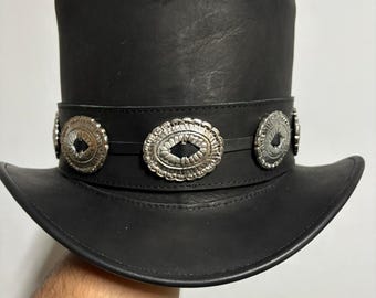 Genuine Leather Steampunk Top Hat with Metal Studs Gothic Victorian Cosplay Hat Unisex