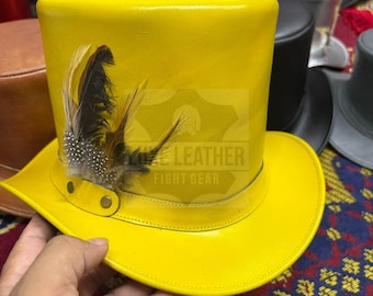Yellow Leather Top Hat with Feather Handmade Steampunk Festival Hat