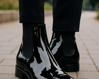 Handmade Black Patent Leather Chelsea Boots Men's Formal Dress Shoes