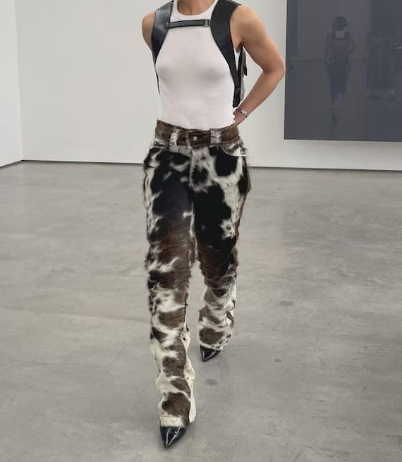 Handmade Cowhide Hair-on Hide Leather Pants Gothic Western Rodeo Cowboy Biker Unisex Flare