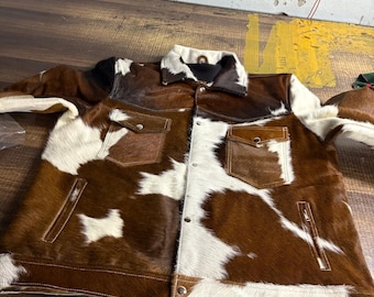 Hair On Cowhide Leather Jacket Handmade Western Cow Print Biker Rodeo Style Coat