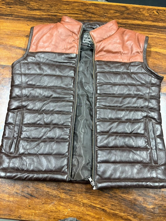 Handmade Genuine Leather Puffer Vest Quilted Brown Vintage Biker