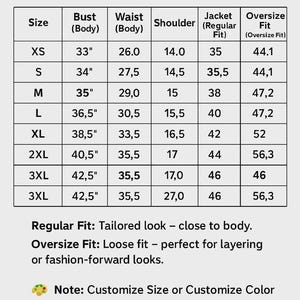 Op de afbeelding: Maattabel voor damesjassen, met afmetingen in centimeters. De tabel toont borst-, taille-, schouder- en jasmaten voor reguliere en oversized pasvormen, van XS tot 3XL. Maat- en kleuraanpassing is ook mogelijk.