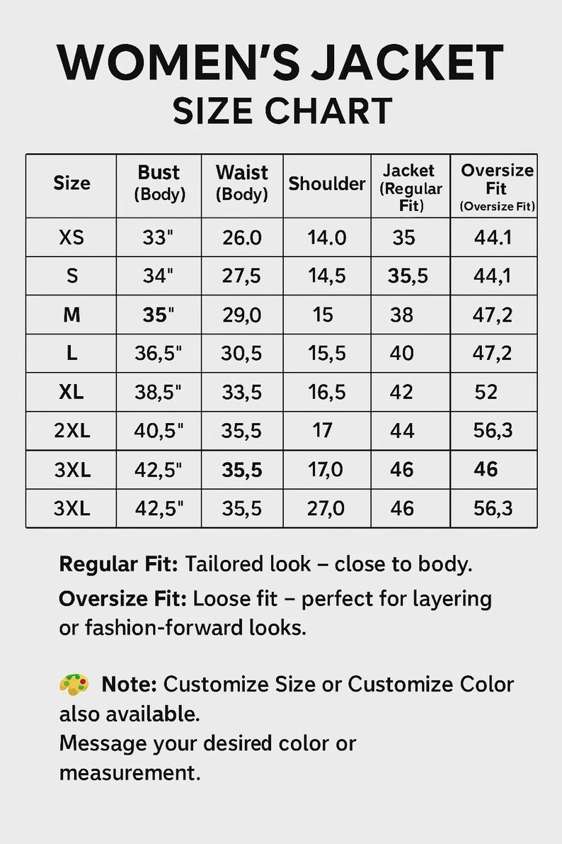 Op de afbeelding: Maattabel voor damesjassen, met afmetingen in centimeters. De tabel toont borst-, taille-, schouder- en jasmaten voor reguliere en oversized pasvormen, van XS tot 3XL. Maat- en kleuraanpassing is ook mogelijk.