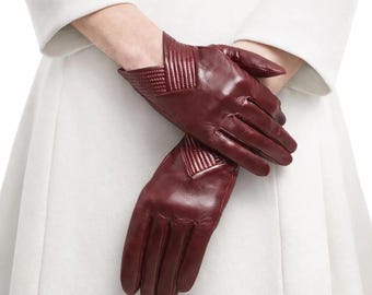 Guantes de piel burdeos para mujer, para conducir en invierno, elegantes, auténticos, estilo clásico, regalo.