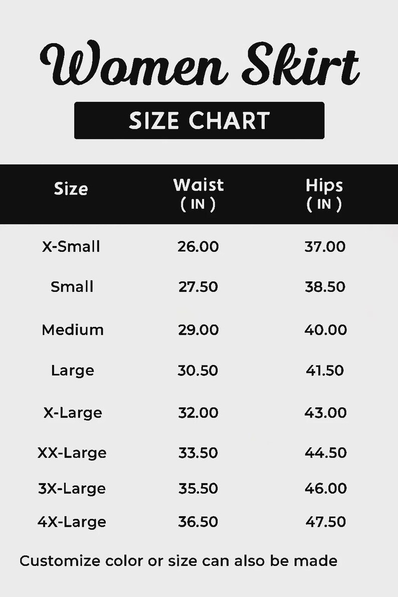 Op de afbeelding: Maattabel voor damesrokken, met taille- en heupmaten in inches. Maten vari&euml;ren van X-Small (taille 66 cm, heupen 94 cm) tot 4X-Large (taille 93 cm, heupen 121 cm). De titel "Women Skirt" staat bovenaan.