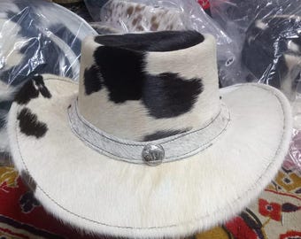 Hair On Cowhide Leather Cowboy Hat Handmade Western Rodeo Steampunk Style