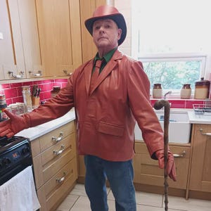 Echt geitenleer steampunk outfit handgemaakte blazer hoge hoed handschoenen stropdas set voor mannen gotische cosplay festival kostuum cadeau voor hem en haar