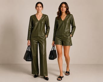 Women's Olive Green Faux Leather Top & Pants Shorts Set Matching Outfit with Handbag