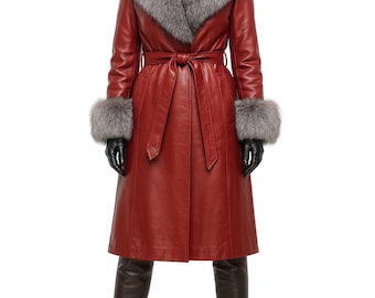 Gabardina de cuero con forro de piel completo, abrigo largo de invierno de lujo hecho a mano para mujer