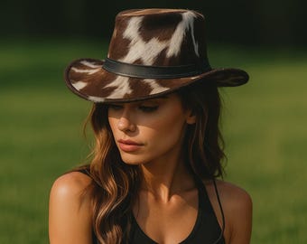 Handmade Cowhide Leather Cowboy Top Hat Western Steampunk Rodeo Style
