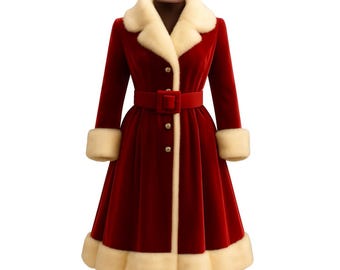 May include: A long, red velvet coat with a cream-colored faux fur collar, cuffs, and hem. The coat features a matching red belt with a square buckle and is buttoned down the front. The coat is displayed on a mannequin.