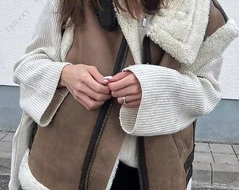 Women Suede Shearling Jacket Fur Lined Penny Lane Style Cozy Winter Coat Vintage