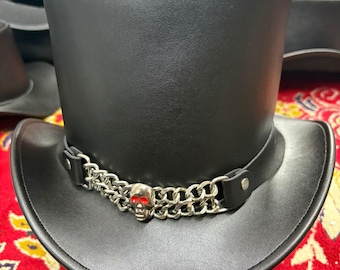 Black Leather Gothic Top Hat with Skull Chain Steampunk Victorian Biker Festival Hat