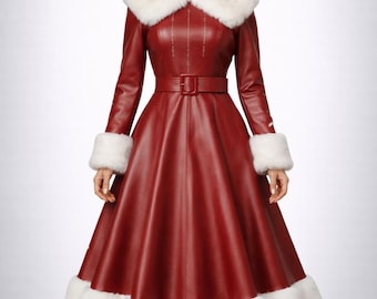 Cappotto invernale da donna con cintura, giacca svasata di lusso, in pelle rossa con finiture in pelliccia