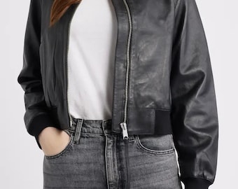 Premium Black Fashion Outerwear - Genuine Cowskin Slim Fit Zipper Jacket for Trendy Women