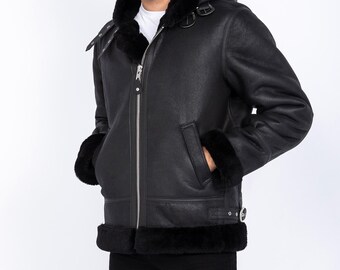 Herren Handgefertigtes Echtes Schaffell Aviator Bomber Pilot Flying Biker Leder Hood Jacket B3 RAF Shearling Pelz gefüttert Geschenk für Ihn