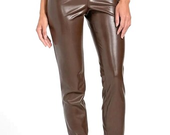 Braune Echtleder Leggings Frauen, Hohe Taille Vegan Lederhose, Slim Fit Hose in Lederoptik, schickes Herbst Winter Outfit