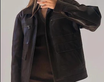 Women's Oversize Real Leather Jacket Black Streetwear Coat - Vintage Style Button Front Handmade Leather Outerwear