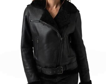 Women Shearling Leather Jacket, Winter Aviator Coat, Black Faux Shearling Jacket, Warm Biker Style Coat