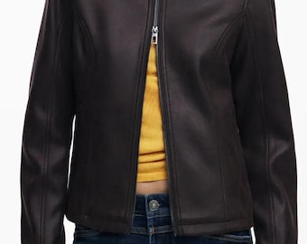 Women Brown Leather Jacket, Minimal Zip Front Coat, Classic Slim Fit Outerwear, Casual Everyday Style, Fall Winter Fashion