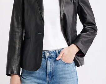 Women Leather Blazer Classic Fit Stylish Office Wear Genuine Leather Jacket Elegant Outerwear
