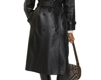 Zwarte leren trenchcoat voor dames Elegante lange jas met dubbele rij knopen, streetwear modejas