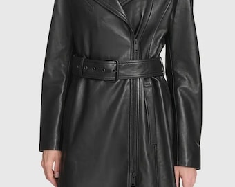 Dames echt lederen trenchcoat lange gordel stijlvolle winter bovenkleding chique mode