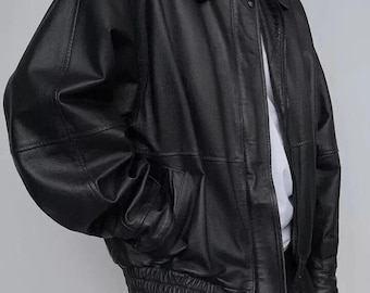Oversized Black Leather Bomber Jacket Vintage Street Style Modern Minimal Relaxed Fit