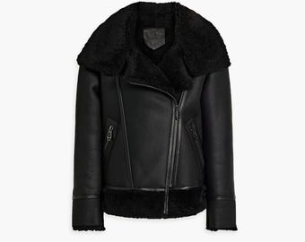 Women's Sheepskin Shearling Bomber Aviator Genuine Leather Jacket Flying Winter Coat with Fur Lining Handmade Warm Outerwear Gift for Her