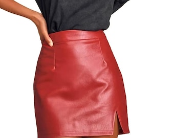 Red Cow Leather Mini Skirt with Side Slit High Waist Bodycon Skirt Chic Party & Clubwear Outfit