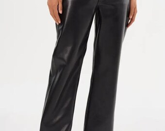Pantalones de cuero genuino para mujer, corte ajustado, cintura alta, color negro, elegantes, para fiestas, estilo urbano.