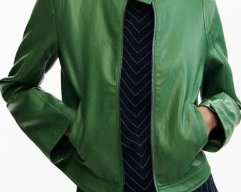 Women Green Leather Jacket, Minimalist Zip Front Coat, Modern Slim Fit Outerwear, Casual Chic Style, Spring Fall Fashion Look