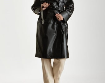Zwarte leren trenchcoat dames handgemaakte lederen lange jas elegante winter bovenkleding