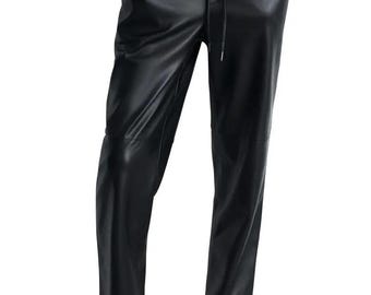 Schwarze Echtleder Kordelzug Hose Frauen, Vegan Lederhose mit hoher Taille, Gerades Bein Relaxed Fit Chic Street Outfit