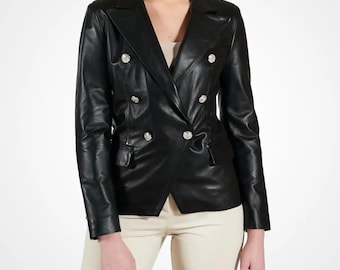 Double-breasted blazer van echt leer zwart, knoopsluiting zachte voering