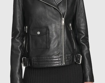 Women Black Biker Leather Jacket, Asymmetrical Zip Moto Coat, Belted Waist Outerwear, Edgy Street Style Outfit, Fall Winter Fashion