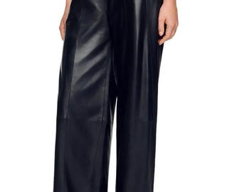 Echtes Leder Baggy Palazzo Hose Frauen, schwarze Hohe Taille Hose mit weitem Bein, moderne Minimal Mode, trendiges schickes Outfit