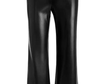 Pantalones acampanados de cuero para mujer, de talle alto, color negro, de cuero auténtico.