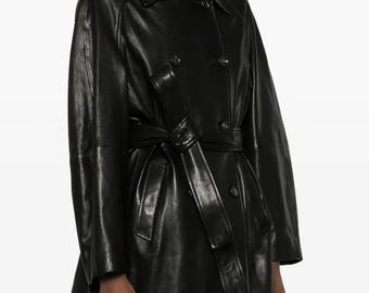 Handgemaakte leren dames Trenchcoat Premium lang zwart leren jack met elegante pasvorm met riem