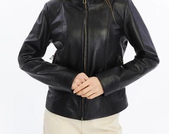 Women Black Leather Jacket, Slim Fit Zip Up Coat, Minimalist Biker Style, Casual Fall Winter Outerwear, Everyday Fashion Look